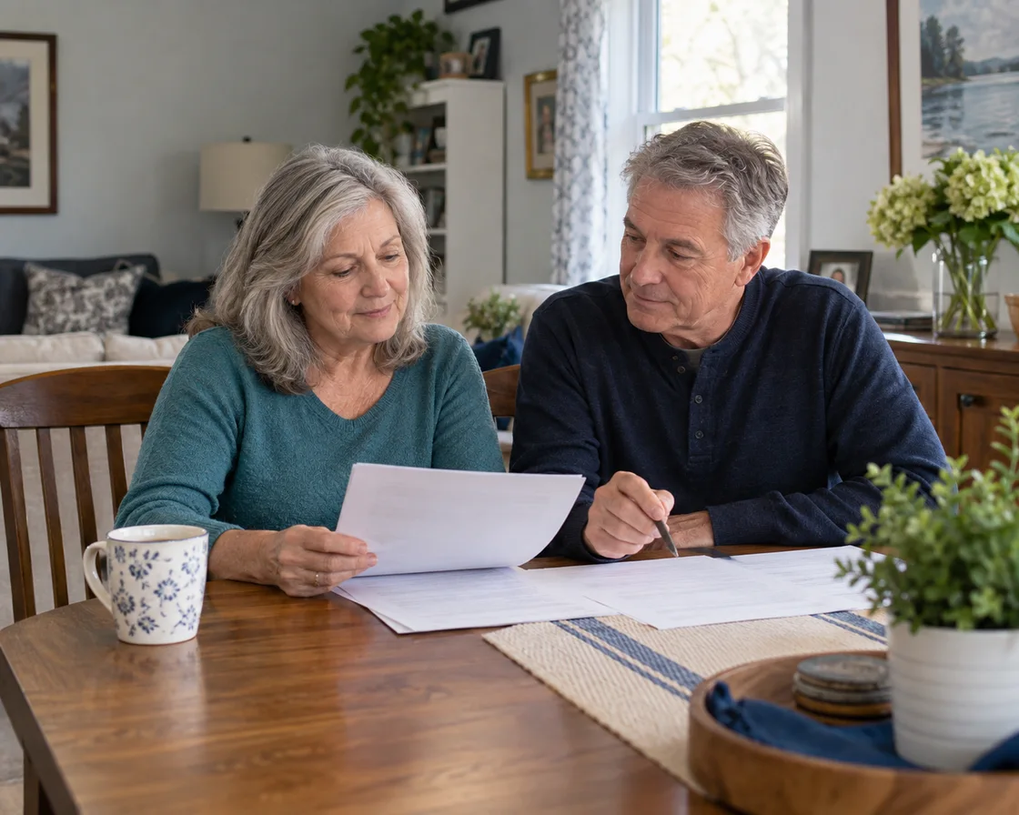 Two older adults reviewing paperwork together at a dining table at home